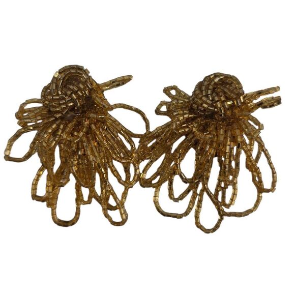 Vintage 1960s–1970s Gold Beaded Fringe Clip-On Earrings | 2.60&quot;